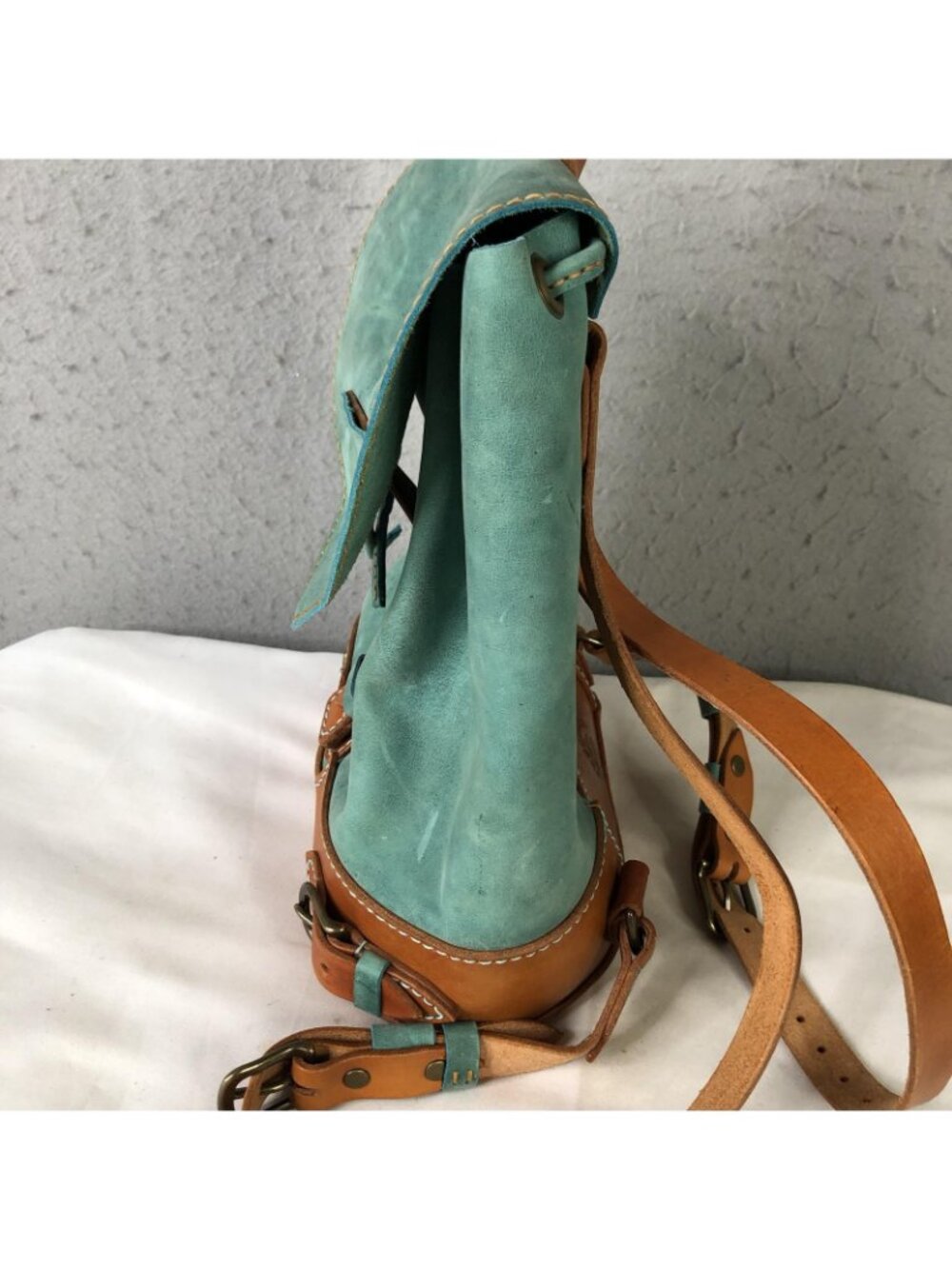 Bespoke Backpack Bag Womens Small Turquoise Brown Leather Boho Drawstring Casual - Picture 4 of 16